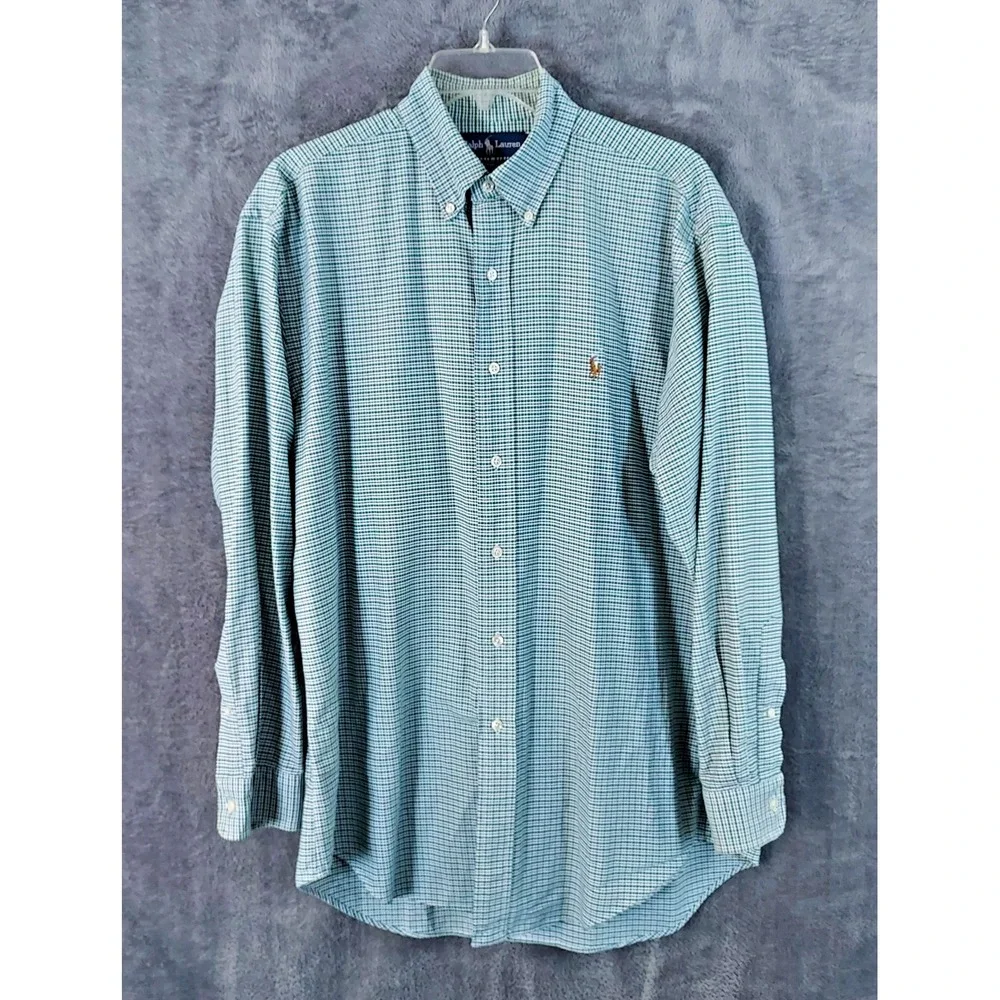Ralph Lauren Yarmouth Cotton Oxford Mens 15.5 32-33 Green Check Flesh Pony Shirt